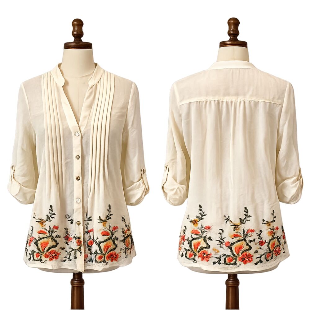 Ruby Rd. Blouse Womens Embroidered Boho Floral Button Front Top Small